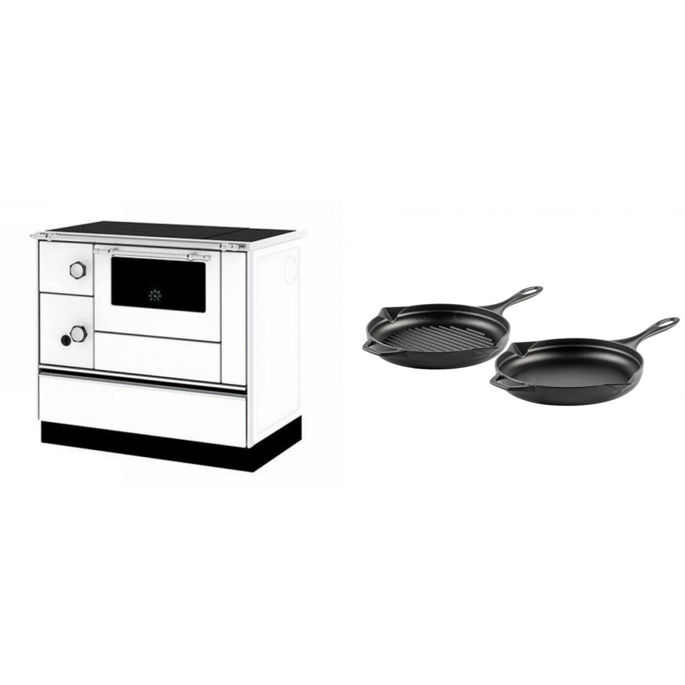 Set Küchenofen / Küchenhexe mit Backofen und Kochplatte Alfa Plam, Modell Alfa 90 H Favorit Weiß Rechts, Leistung 6.4kW + Gusseisen Topf Set aus 2 teilen Solagio, Black Onyx