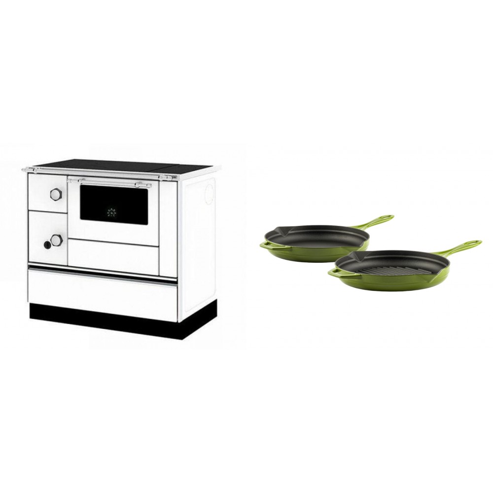 Set Küchenofen / Küchenhexe mit Backofen und Kochplatte Alfa Plam, Modell Alfa 90 H Favorit Weiß Rechts, Leistung 6.4kW + Gusseisen Topf Set aus 2 teilen Solagio, Bamboo | Kaminofen - Holzofen mit Backfach | Kaminofen |