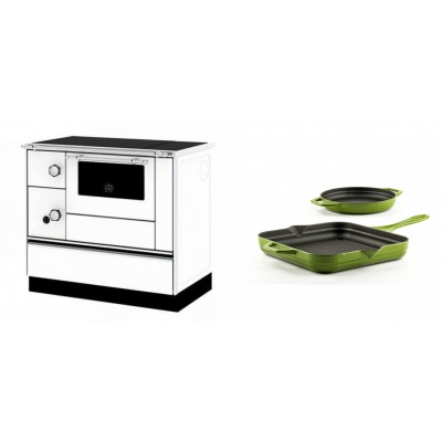 Set Küchenofen / Küchenhexe mit Backofen und Kochplatte Alfa Plam, Modell Alfa 90 H Favorit Weiß Rechts, Leistung 6.4kW + Gusseisen Topf Set aus 2 teilen Solagio, Bamboo - Kaminofen - Holzofen mit Backfach