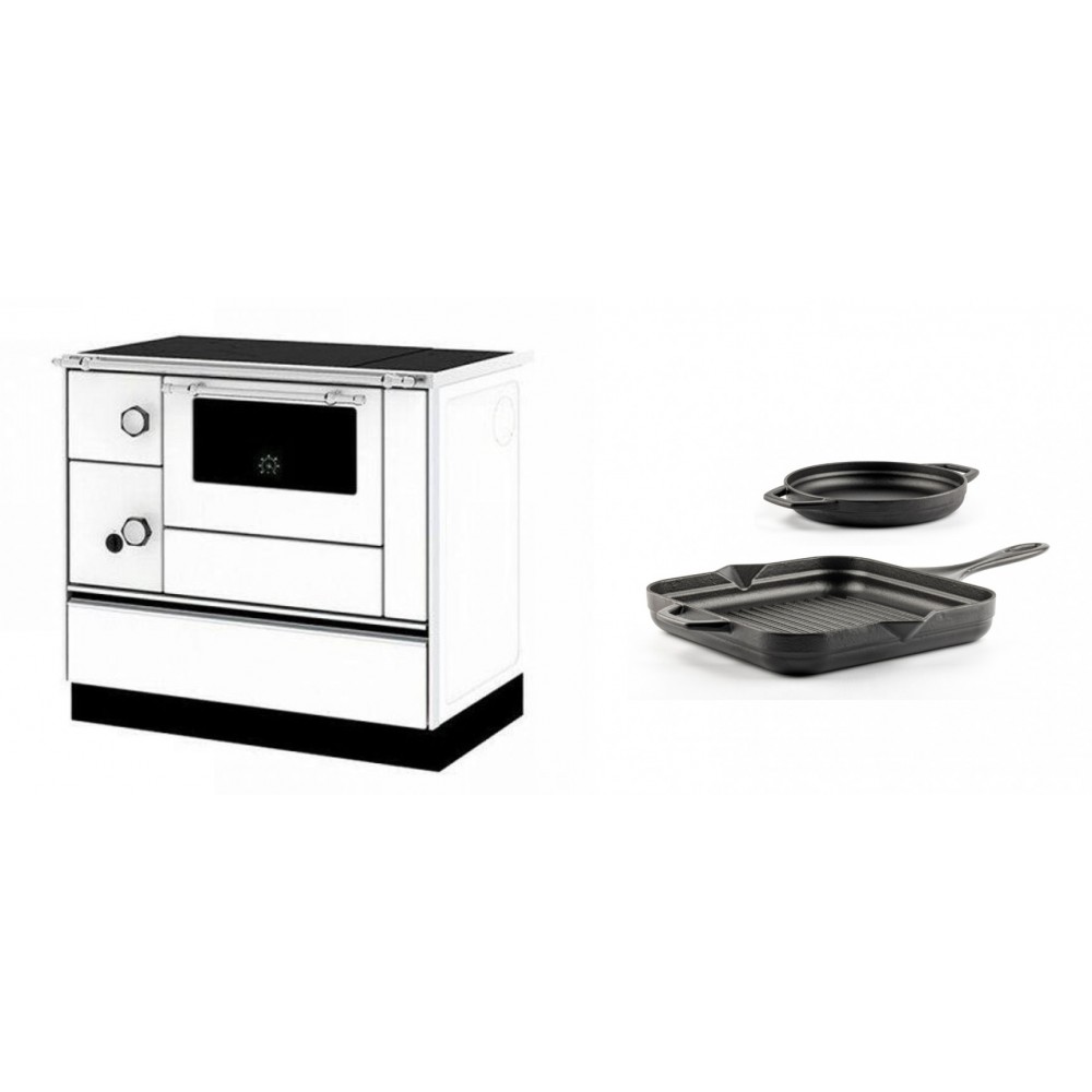 Set Küchenofen / Küchenhexe mit Backofen und Kochplatte Alfa Plam, Modell Alfa 90 H Favorit Weiß Rechts, Leistung 6.4kW + Gusseisen Topf Set aus 2 teilen Solagio, Black Onyx