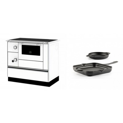 Set Küchenofen / Küchenhexe mit Backofen und Kochplatte Alfa Plam, Modell Alfa 90 H Favorit Weiß Rechts, Leistung 6.4kW + Gusseisen Topf Set aus 2 teilen Solagio, Black Onyx - Kaminofen - Holzofen mit Backfach