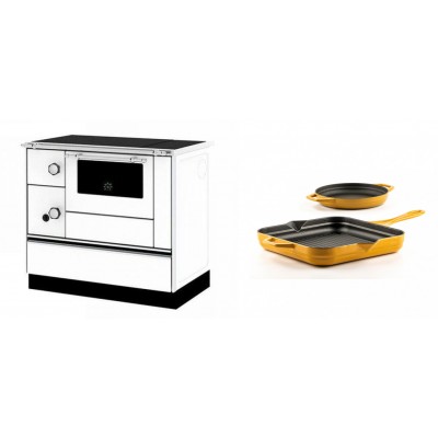 Set Küchenofen / Küchenhexe mit Backofen und Kochplatte Alfa Plam, Modell Alfa 90 H Favorit Weiß Rechts, Leistung 6.4kW + Gusseisen Topf Set aus 2 teilen Solagio, Dijon - Kaminofen - Holzofen mit Backfach