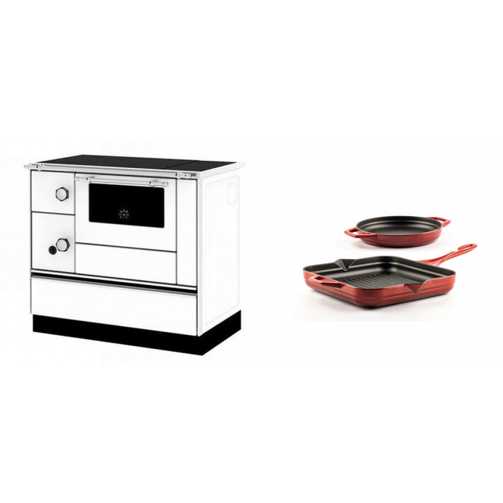 Set Küchenofen / Küchenhexe mit Backofen und Kochplatte Alfa Plam, Modell Alfa 90 H Favorit Weiß Rechts, Leistung 6.4kW + Gusseisen Topf Set aus 2 teilen Solagio, Rubin | Kaminofen - Holzofen mit Backfach | Kaminofen |