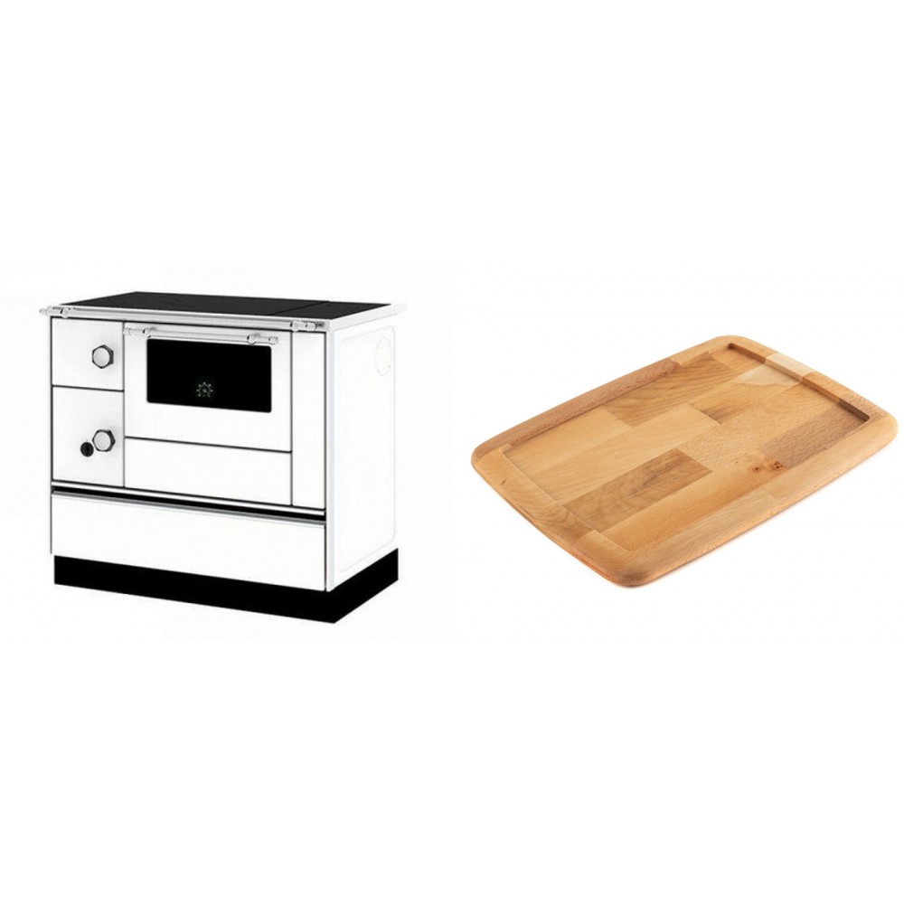 Set Küchenofen / Küchenhexe mit Backofen und Kochplatte Alfa Plam, Modell Alfa 90 H Favorit Weiß Rechts, Leistung 6.4kW + Holz untersetzer für gusseisenplatte Solagio HSST2131