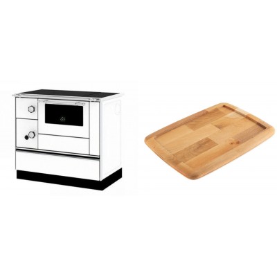 Set Küchenofen / Küchenhexe mit Backofen und Kochplatte Alfa Plam, Modell Alfa 90 H Favorit Weiß Rechts, Leistung 6.4kW + Holz untersetzer für gusseisenplatte Solagio HSST2131 - Kaminofen - Holzofen mit Backfach