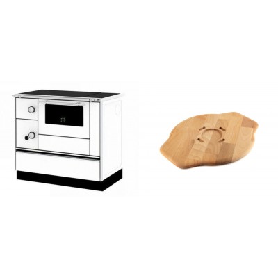 Set Küchenofen / Küchenhexe mit Backofen und Kochplatte Alfa Plam, Modell Alfa 90 H Favorit Weiß Rechts, Leistung 6.4kW + Holz untersetzer für Gusseisenplatte Solagio HSYSAK28 - Kaminofen - Holzofen mit Backfach