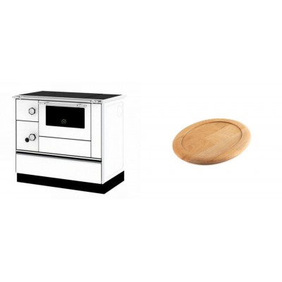 Set Küchenofen / Küchenhexe mit Backofen und Kochplatte Alfa Plam, Modell Alfa 90 H Favorit Weiß Rechts, Leistung 6.4kW + Holz untersetzer für ovale gusseisenpfanne Solagio HSFT1825 - Kaminofen - Holzofen mit Backfach