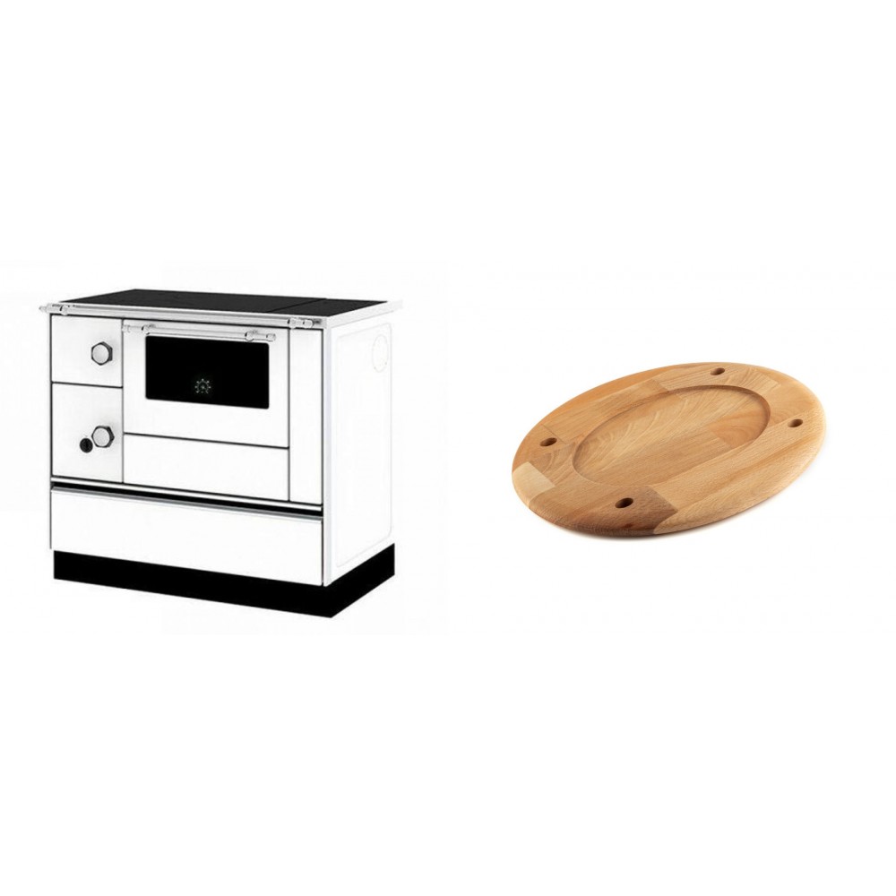 Set Küchenofen / Küchenhexe mit Backofen und Kochplatte Alfa Plam, Modell Alfa 90 H Favorit Weiß Rechts, Leistung 6.4kW + Holz untersetzer für ovale platte Solagio HSOISK2533, 25x33cm