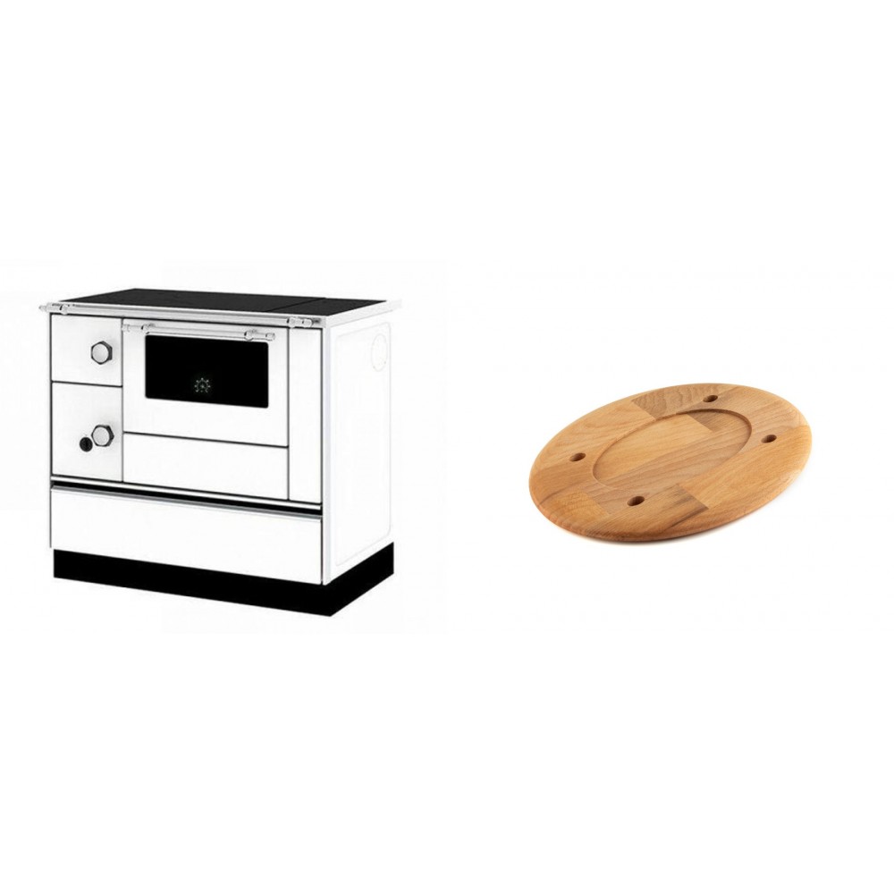 Set Küchenofen / Küchenhexe mit Backofen und Kochplatte Alfa Plam, Modell Alfa 90 H Favorit Weiß Rechts, Leistung 6.4kW + Holz untersetzer für ovale platte Solagio HSOISK1728, 17x28cm
