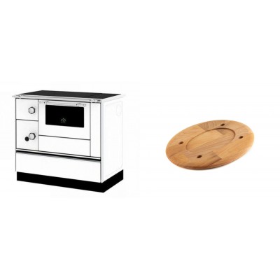 Set Küchenofen / Küchenhexe mit Backofen und Kochplatte Alfa Plam, Modell Alfa 90 H Favorit Weiß Rechts, Leistung 6.4kW + Holz untersetzer für ovale platte Solagio HSOISK1728, 17x28cm - Kaminofen - Holzofen mit Backfach