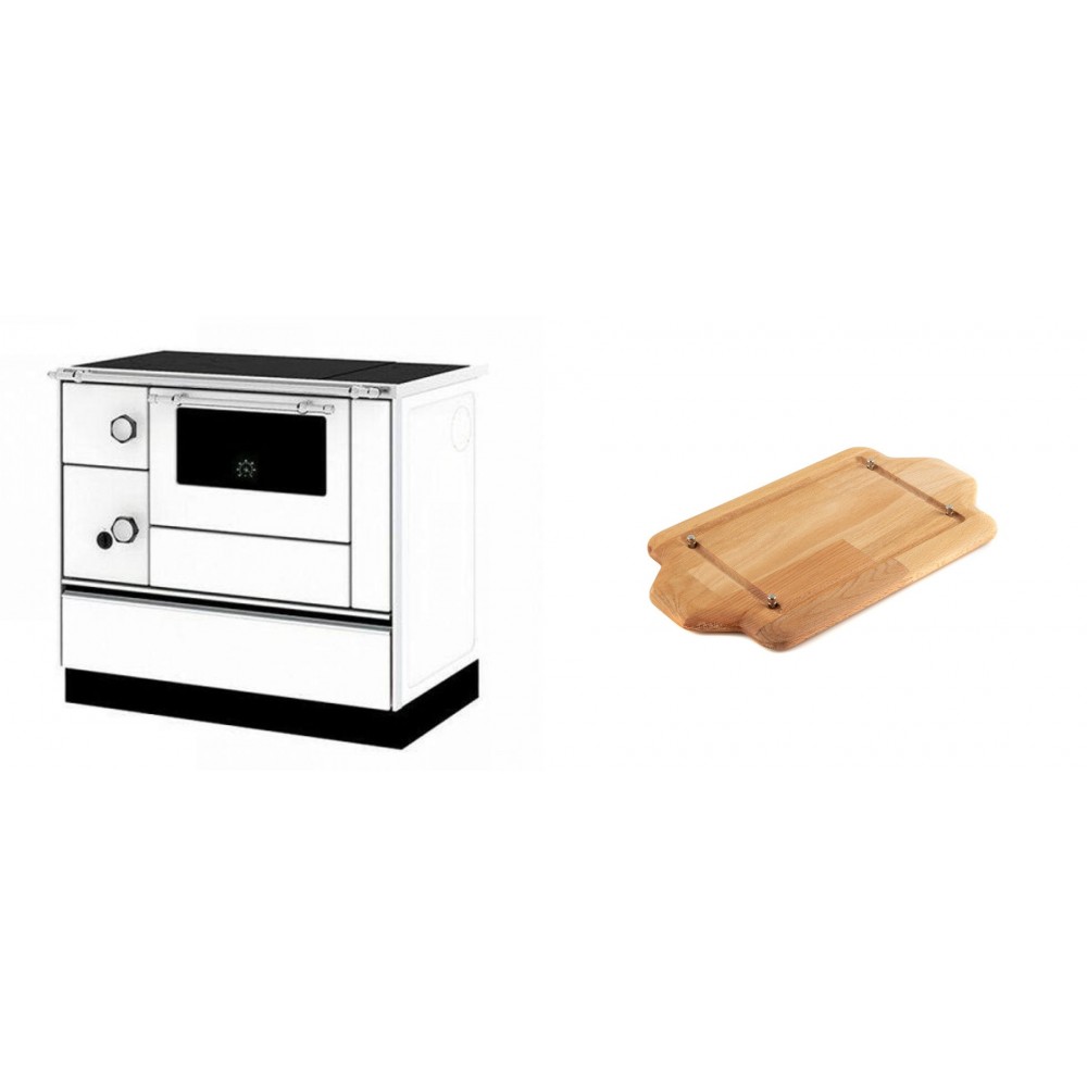 Set Küchenofen / Küchenhexe mit Backofen und Kochplatte Alfa Plam, Modell Alfa 90 H Favorit Weiß Rechts, Leistung 6.4kW + Holz untersetzer für mini-gusseisenplatte Solagio HSDDHP1522