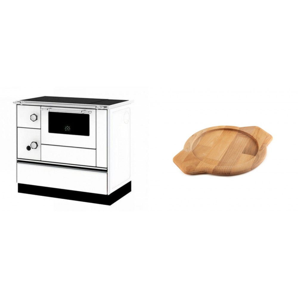 Set Küchenofen / Küchenhexe mit Backofen und Kochplatte Alfa Plam, Modell Alfa 90 H Favorit Weiß Rechts, Leistung 6.4kW + Holz untersetzer für gusseisenschüssel Solagio HSYKTV22
