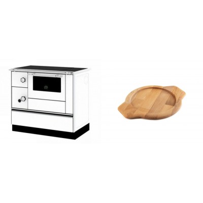 Set Küchenofen / Küchenhexe mit Backofen und Kochplatte Alfa Plam, Modell Alfa 90 H Favorit Weiß Rechts, Leistung 6.4kW + Holz untersetzer für gusseisenschüssel Solagio HSYKTV22 - Kaminofen - Holzofen mit Backfach