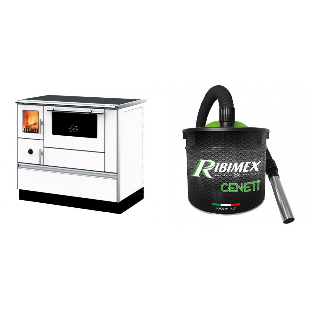 Set Küchenofen mit Backofen und Kochplatte Alfa Plam, Modell Dominant 90H Weiß, Leistung 6.5kW + Elektrischer Aschesauger Ribimex, Modell Cenetì, Fassungsvermögen 15 L
