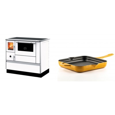 Set Küchenofen mit Backofen und Kochplatte Alfa Plam, Modell Dominant 90H Weiß, Leistung 6.5kW + Emaillierte grillpfanne Gusseisen Solagio, Dijon, 28х28cm - Kaminofen - Holzofen mit Backfach