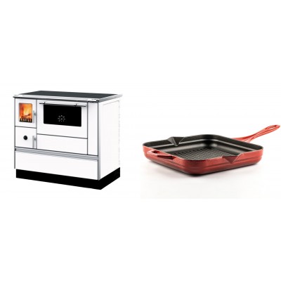 Set Küchenofen mit Backofen und Kochplatte Alfa Plam, Modell Dominant 90H Weiß, Leistung 6.5kW + Emaillierte grillpfanne Gusseisen Solagio, Rubin, 28x28cm - Kaminofen - Holzofen mit Backfach
