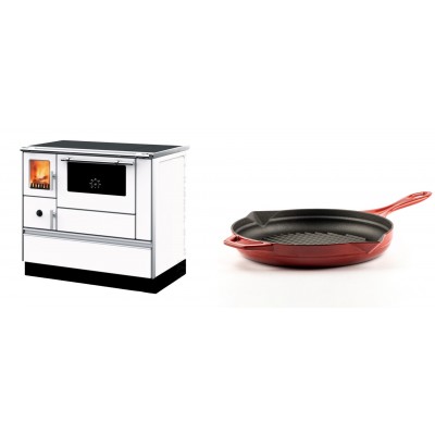 Set Küchenofen mit Backofen und Kochplatte Alfa Plam, Modell Dominant 90H Weiß, Leistung 6.5kW + Emaillierte grillpfanne Gusseisen Solagio, Rubin, Ф28cm - Kaminofen - Holzofen mit Backfach