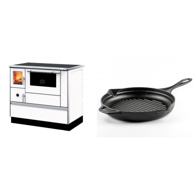 Set Küchenofen mit Backofen und Kochplatte Alfa Plam, Modell Dominant 90H Weiß, Leistung 6.5kW + Emaillierte grillpfanne Gusseisen Solagio, Black Onyx, Ф28cm - Kaminofen - Holzofen mit Backfach