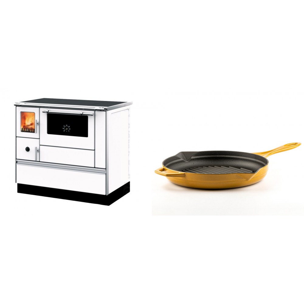 Set Küchenofen mit Backofen und Kochplatte Alfa Plam, Modell Dominant 90H Weiß, Leistung 6.5kW + Emaillierte grillpfanne Gusseisen Solagio, Dijon, Ф28cm | Kaminofen - Holzofen mit Backfach | Kaminofen |