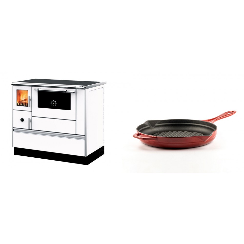 Set Küchenofen mit Backofen und Kochplatte Alfa Plam, Modell Dominant 90H Weiß, Leistung 6.5kW + Emaillierte grillpfanne Gusseisen Solagio, Rubin, Ф24cm | Kaminofen - Holzofen mit Backfach | Kaminofen |