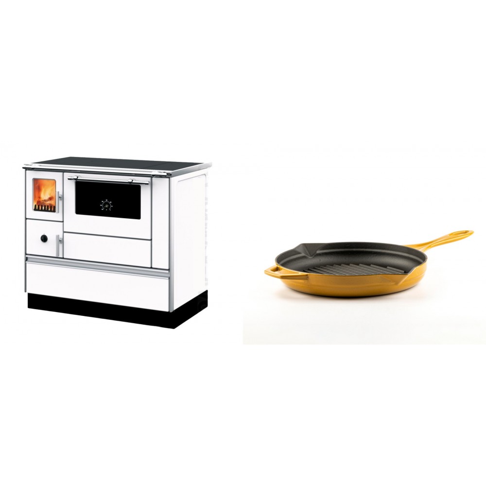 Set Küchenofen mit Backofen und Kochplatte Alfa Plam, Modell Dominant 90H Weiß, Leistung 6.5kW + Emaillierte grillpfanne Gusseisen Solagio, Dijon, Ф24cm