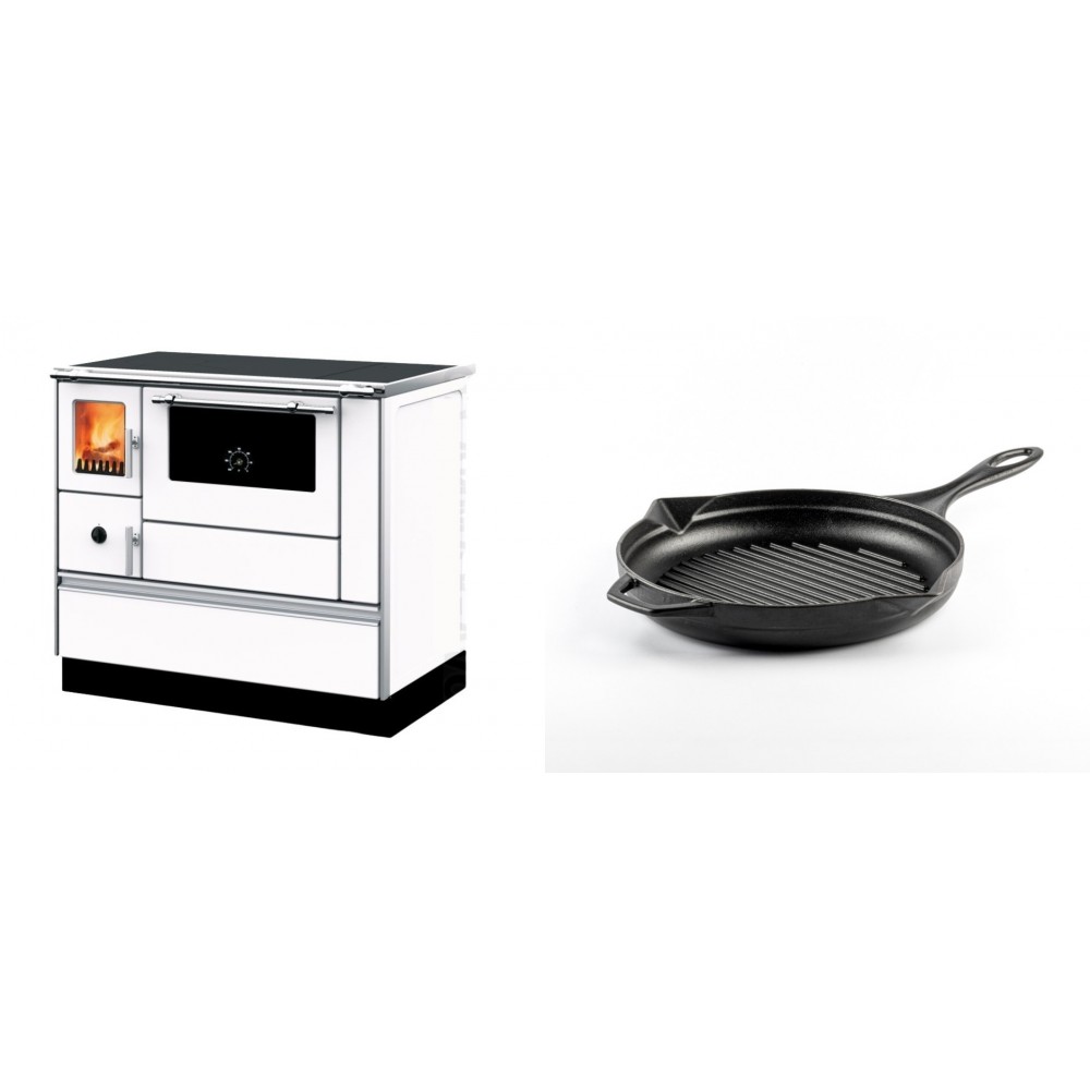 Set Küchenofen mit Backofen und Kochplatte Alfa Plam, Modell Dominant 90H Weiß, Leistung 6.5kW + Emaillierte grillpfanne Gusseisen Solagio, Black Onyx, Ф24cm | Kaminofen - Holzofen mit Backfach | Kaminofen |