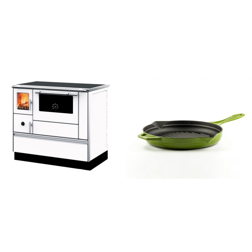 Set Küchenofen mit Backofen und Kochplatte Alfa Plam, Modell Dominant 90H Weiß, Leistung 6.5kW + Emaillierte grillpfanne Gusseisen Solagio, Bamboo, Ф24cm | Kaminofen - Holzofen mit Backfach | Kaminofen |