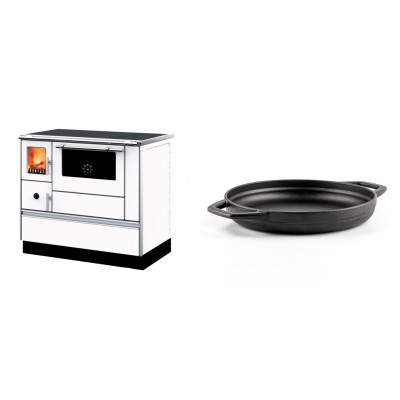 Set Küchenofen mit Backofen und Kochplatte Alfa Plam, Modell Dominant 90H Weiß, Leistung 6.5kW + Emaillierte gusseisenpfanne mit zwei Griffen Solagio, Black Onyx, Ф22cm - Kaminofen - Holzofen mit Backfach
