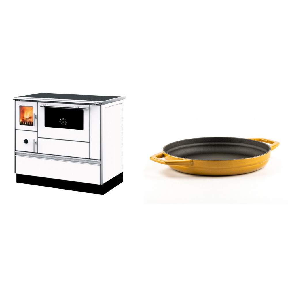 Set Küchenofen mit Backofen und Kochplatte Alfa Plam, Modell Dominant 90H Weiß, Leistung 6.5kW + Emaillierte gusseisenpfanne mit zwei Griffen Solagio, Dijon, Ф22cm