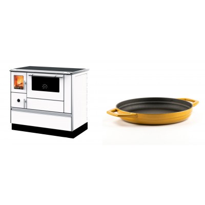 Set Küchenofen mit Backofen und Kochplatte Alfa Plam, Modell Dominant 90H Weiß, Leistung 6.5kW + Emaillierte gusseisenpfanne mit zwei Griffen Solagio, Dijon, Ф22cm - Kaminofen - Holzofen mit Backfach