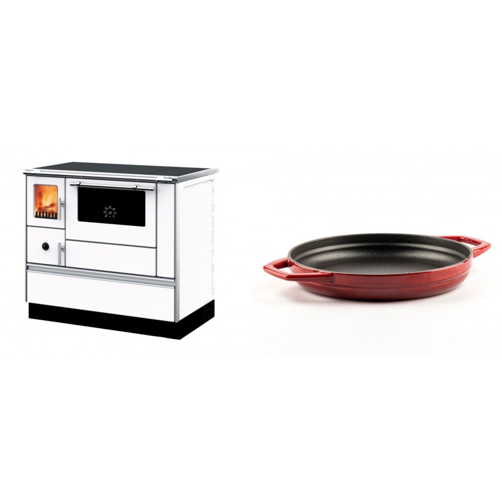 Set Küchenofen mit Backofen und Kochplatte Alfa Plam, Modell Dominant 90H Weiß, Leistung 6.5kW + Emaillierte gusseisenpfanne mit zwei Griffen Solagio, Rubin, Ф22cm | Kaminofen - Holzofen mit Backfach | Kaminofen |