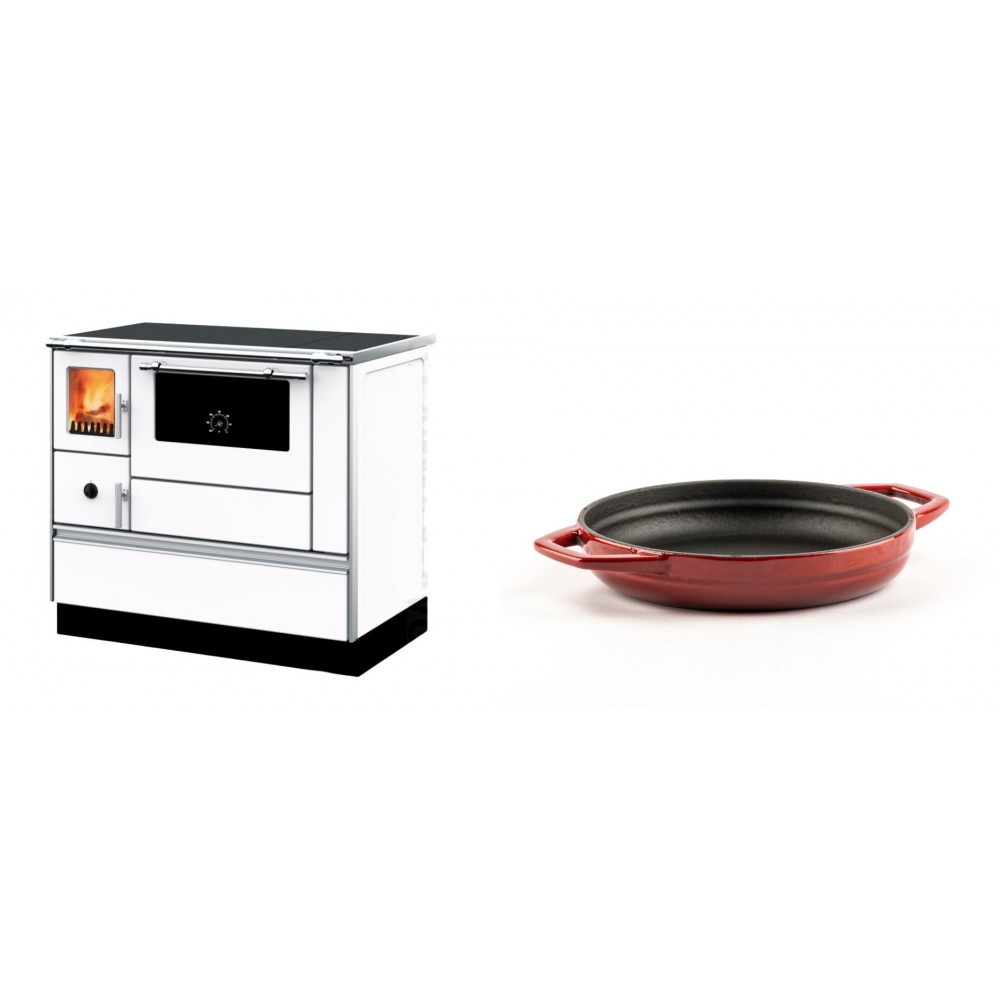 Set Küchenofen mit Backofen und Kochplatte Alfa Plam, Modell Dominant 90H Weiß, Leistung 6.5kW + Emaillierte gusseisenpfanne mit zwei Griffen Solagio, Rubin, Ф19cm | Kaminofen - Holzofen mit Backfach | Kaminofen |