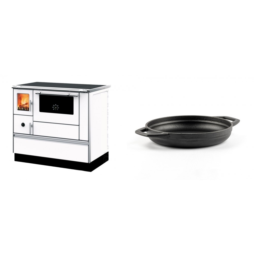 Set Küchenofen mit Backofen und Kochplatte Alfa Plam, Modell Dominant 90H Weiß, Leistung 6.5kW + Emaillierte gusseisenpfanne mit zwei Griffen Solagio, Black Onyx, Ф19cm