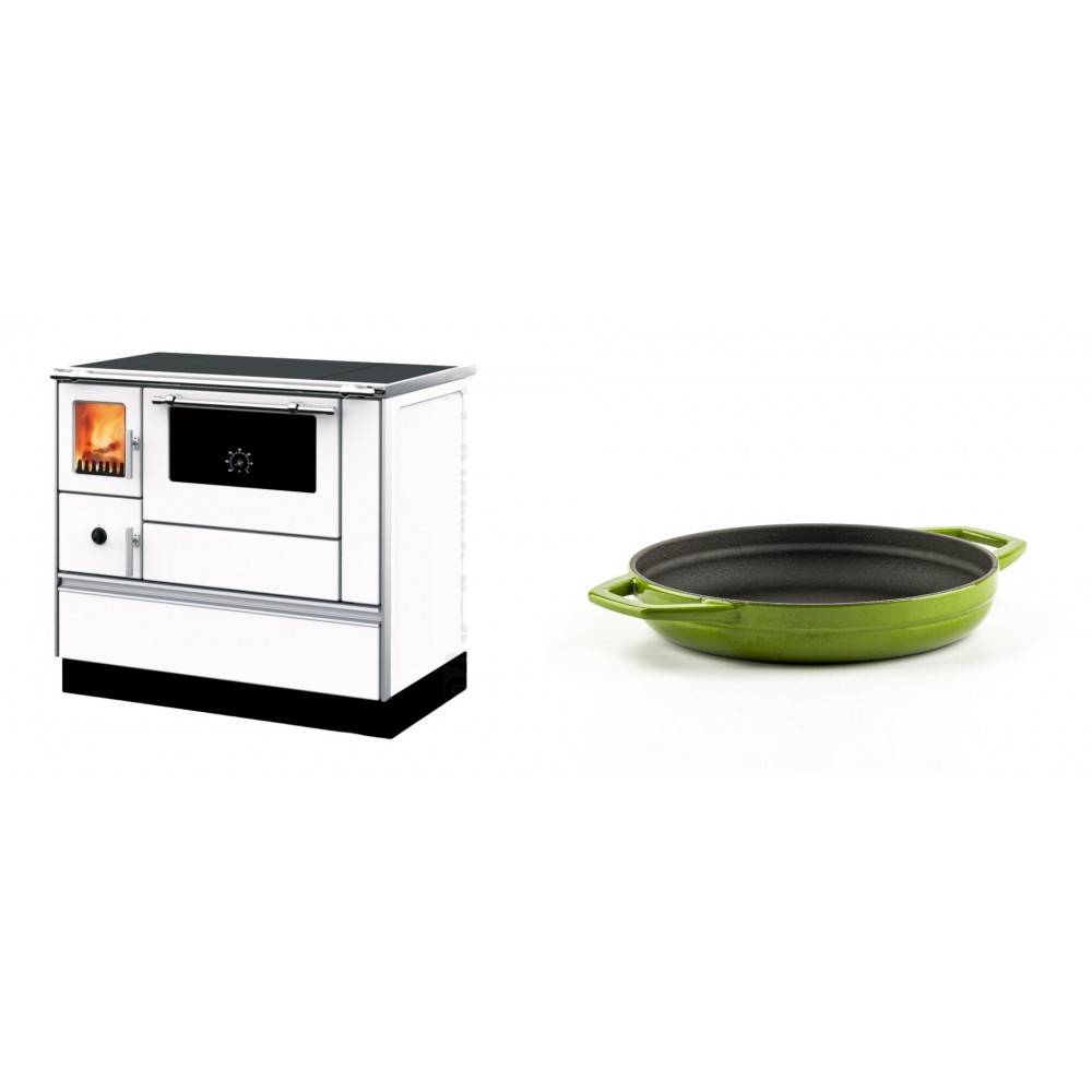 Set Küchenofen mit Backofen und Kochplatte Alfa Plam, Modell Dominant 90H Weiß, Leistung 6.5kW + Emaillierte gusseisenpfanne mit zwei Griffen Solagio, Bamboo, Ф19cm