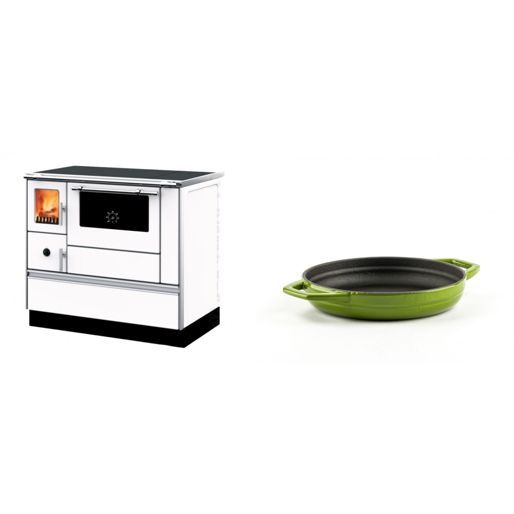 Set Küchenofen mit Backofen und Kochplatte Alfa Plam, Modell Dominant 90H Weiß, Leistung 6.5kW + Emaillierte gusseisenpfanne mit zwei Griffen Solagio, Bamboo, Ф16cm | Kaminofen - Holzofen mit Backfach | Kaminofen |