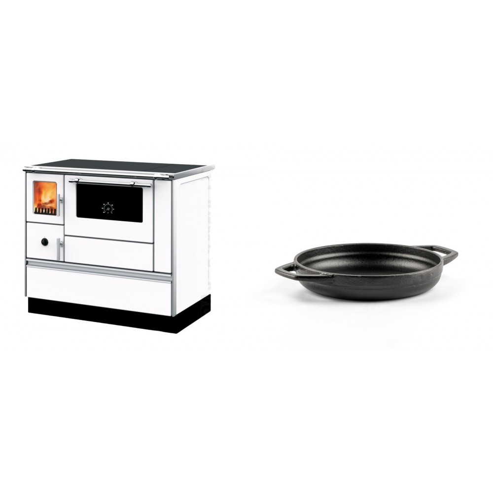 Set Küchenofen mit Backofen und Kochplatte Alfa Plam, Modell Dominant 90H Weiß, Leistung 6.5kW + Emaillierte gusseisenpfanne mit zwei Griffen Solagio, Black Onyx, Ф16cm | Kaminofen - Holzofen mit Backfach | Kaminofen |