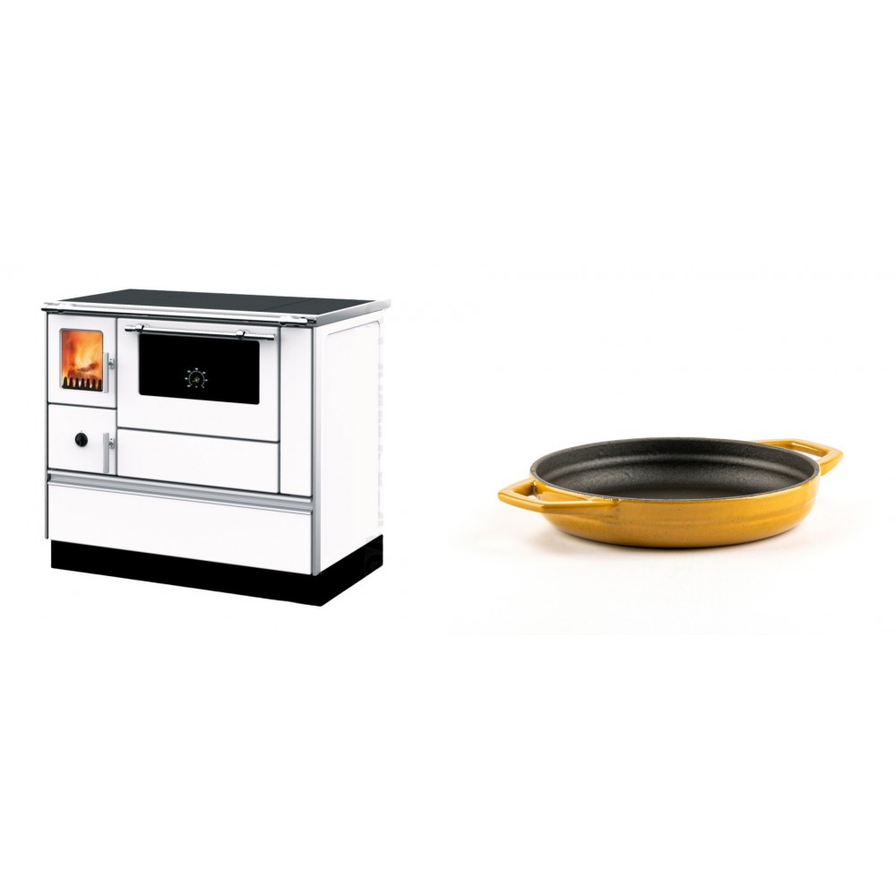 Set Küchenofen mit Backofen und Kochplatte Alfa Plam, Modell Dominant 90H Weiß, Leistung 6.5kW + Emaillierte gusseisenpfanne mit zwei Griffen Solagio, Dijon, Ф16cm | Kaminofen - Holzofen mit Backfach | Kaminofen |