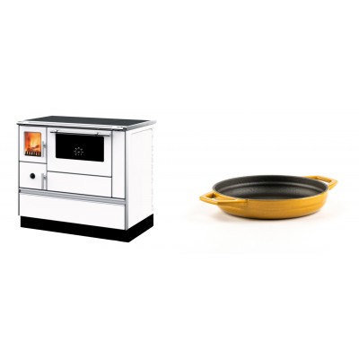 Set Küchenofen mit Backofen und Kochplatte Alfa Plam, Modell Dominant 90H Weiß, Leistung 6.5kW + Emaillierte gusseisenpfanne mit zwei Griffen Solagio, Dijon, Ф16cm - Kaminofen - Holzofen mit Backfach