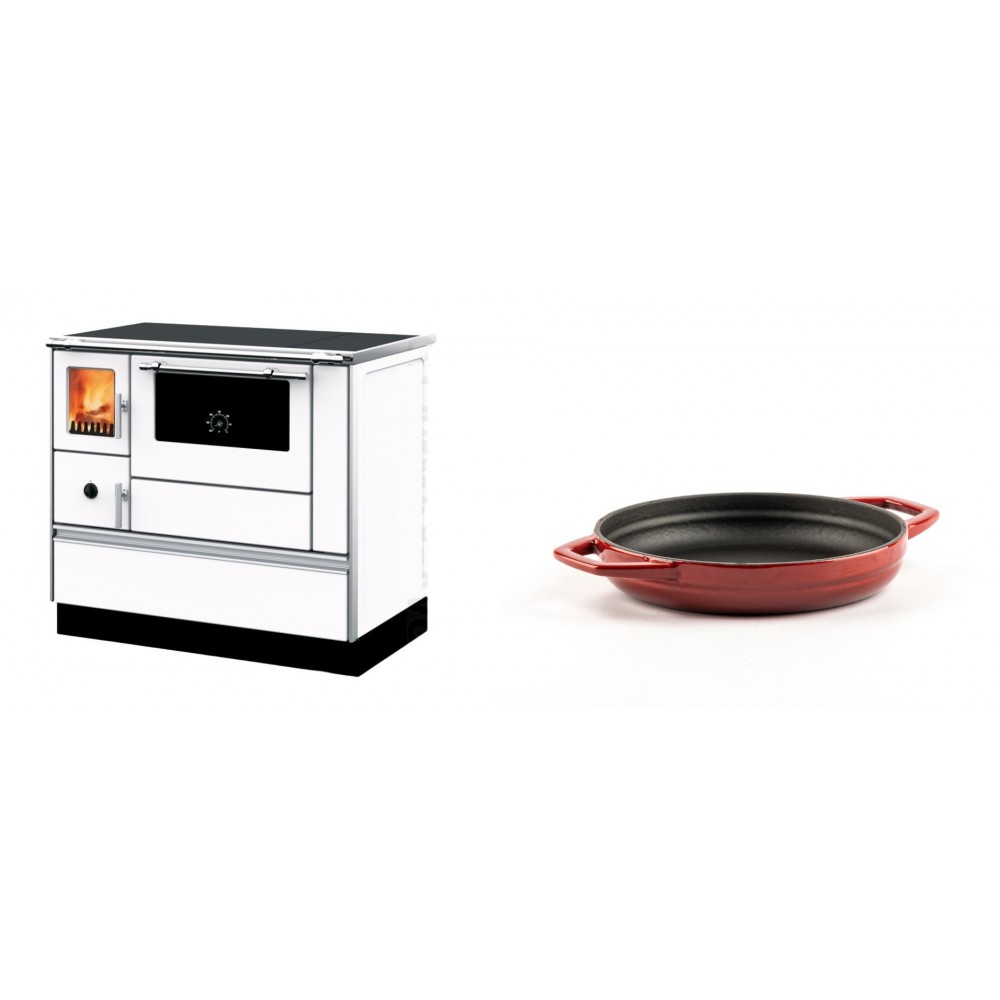 Set Küchenofen mit Backofen und Kochplatte Alfa Plam, Modell Dominant 90H Weiß, Leistung 6.5kW + Emaillierte gusseisenpfanne mit zwei Griffen Solagio, Rubin, Ф16cm