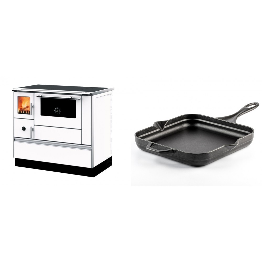 Set Küchenofen mit Backofen und Kochplatte Alfa Plam, Modell Dominant 90H Weiß, Leistung 6.5kW + Emaillierte Gusseisenpfanne Solagio, Black Onyx, 28x28cm