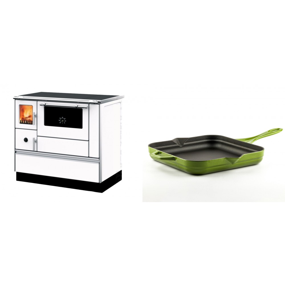 Set Küchenofen mit Backofen und Kochplatte Alfa Plam, Modell Dominant 90H Weiß, Leistung 6.5kW + Emaillierte Gusseisenpfanne Solagio, Bamboo, 28x28cm