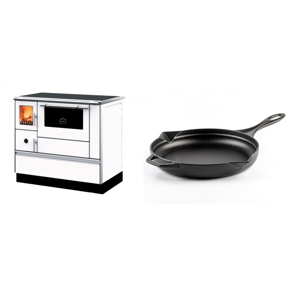 Set Küchenofen mit Backofen und Kochplatte Alfa Plam, Modell Dominant 90H Weiß, Leistung 6.5kW + Emaillierte Gusseisenpfanne Solagio, Black Onyx, Ф28cm | Kaminofen - Holzofen mit Backfach | Kaminofen |