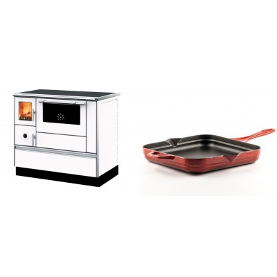 Set Küchenofen mit Backofen und Kochplatte Alfa Plam, Modell Dominant 90H Weiß, Leistung 6.5kW + Emaillierte Gusseisenpfanne Solagio, Rubin, 28x28cm - Kaminofen - Holzofen mit Backfach