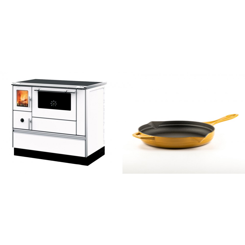 Set Küchenofen mit Backofen und Kochplatte Alfa Plam, Modell Dominant 90H Weiß, Leistung 6.5kW + Emaillierte Gusseisenpfanne Solagio, Dijon, Ф24cm
