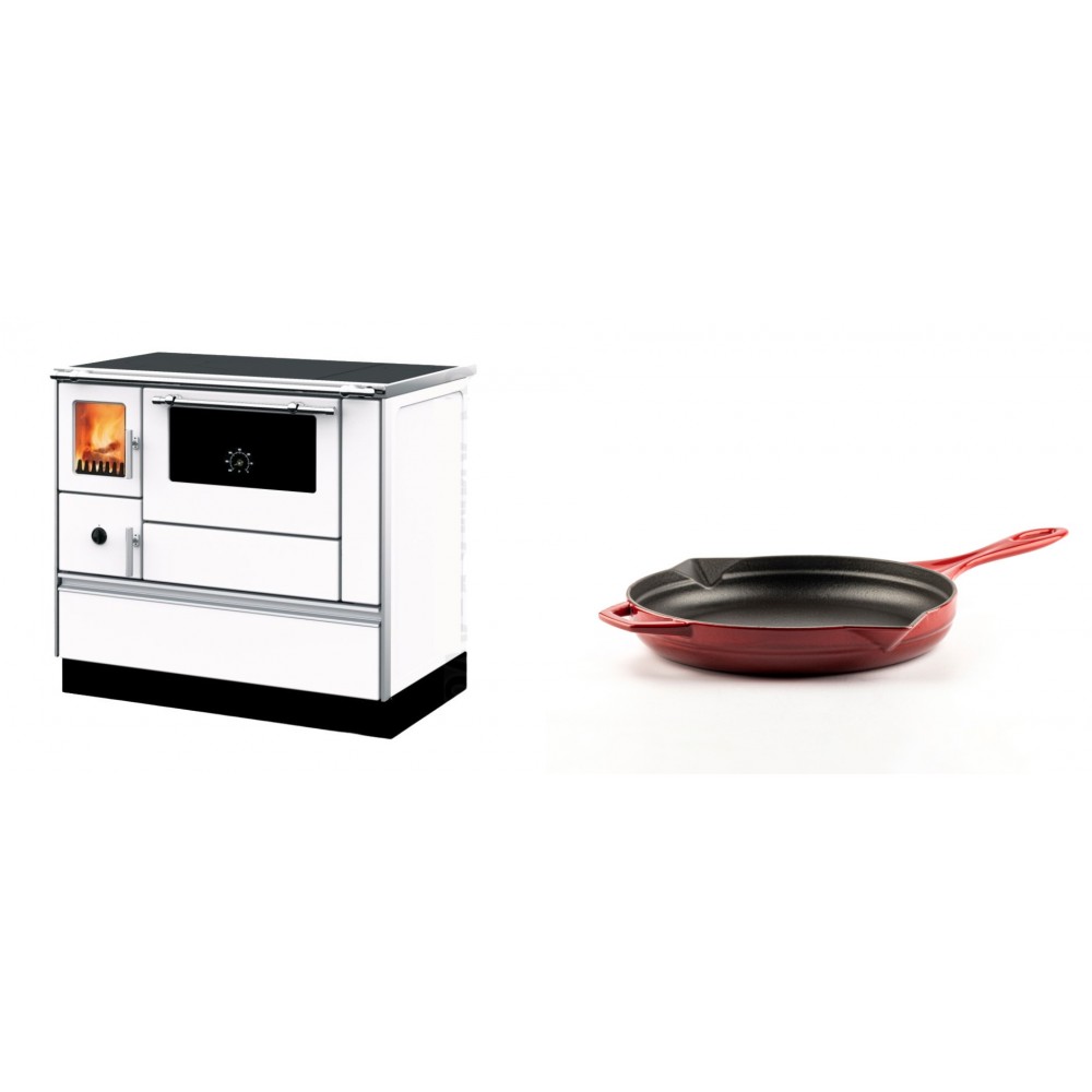 Set Küchenofen mit Backofen und Kochplatte Alfa Plam, Modell Dominant 90H Weiß, Leistung 6.5kW + Emaillierte Gusseisenpfanne Solagio, Rubin, Ф24cm