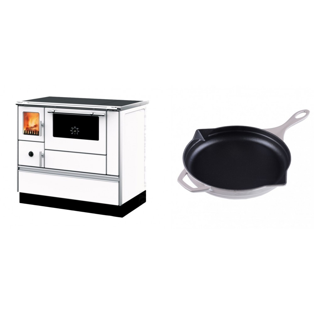 Set Küchenofen mit Backofen und Kochplatte Alfa Plam, Modell Dominant 90H Weiß, Leistung 6.5kW + Emaillierte Gusseisenpfanne Solagio, Ivory, Ф28cm