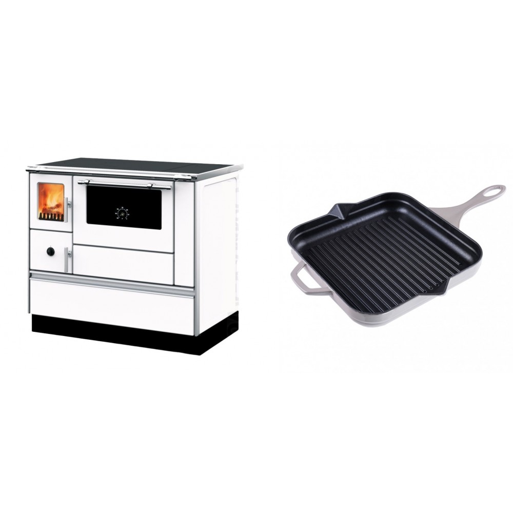 Set Küchenofen mit Backofen und Kochplatte Alfa Plam, Modell Dominant 90H Weiß, Leistung 6.5kW + Emaillierte grillpfanne Gusseisen Solagio, Ivory, 28x28cm | Kaminofen - Holzofen mit Backfach | Kaminofen |
