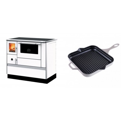 Set Küchenofen mit Backofen und Kochplatte Alfa Plam, Modell Dominant 90H Weiß, Leistung 6.5kW + Emaillierte grillpfanne Gusseisen Solagio, Ivory, 28x28cm - Kaminofen - Holzofen mit Backfach