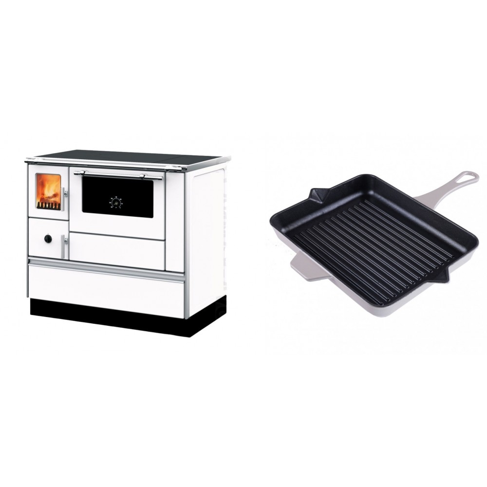 Set Küchenofen mit Backofen und Kochplatte Alfa Plam, Modell Dominant 90H Weiß, Leistung 6.5kW + Emaillierte grillpfanne Gusseisen Solagio, Ivory, 26x32cm | Kaminofen - Holzofen mit Backfach | Kaminofen |