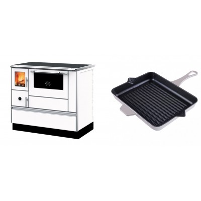 Set Küchenofen mit Backofen und Kochplatte Alfa Plam, Modell Dominant 90H Weiß, Leistung 6.5kW + Emaillierte grillpfanne Gusseisen Solagio, Ivory, 26x32cm - Kaminofen - Holzofen mit Backfach